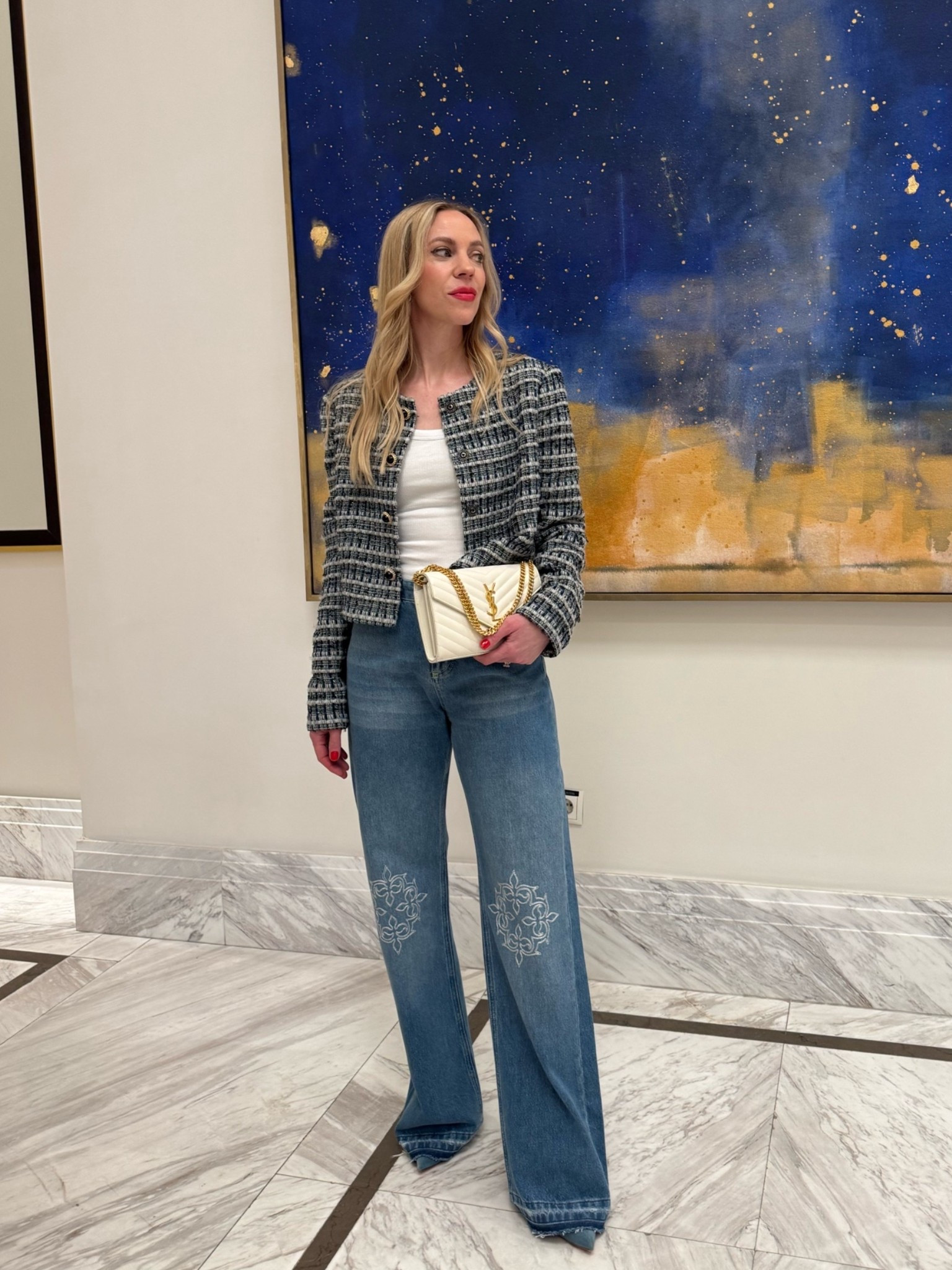Date night outfit, tweed jacket, @Zara white tank top, embroidered denim, YSL clutch, style over 40

#LTKOver40 #LTKSeasonal #LTKdayinmylife