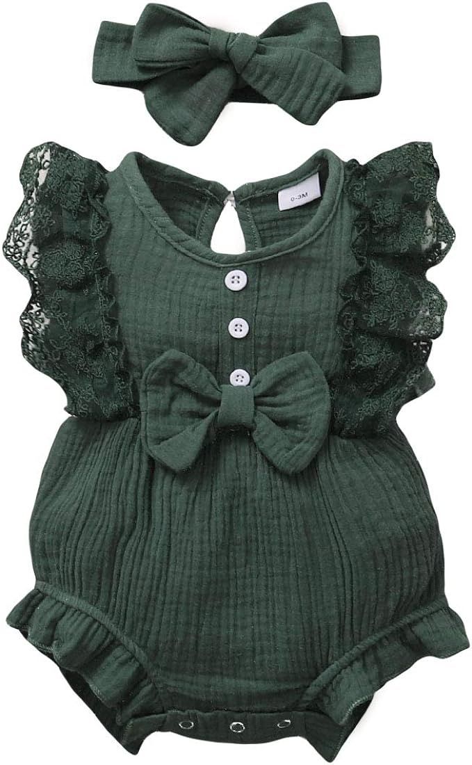 SOLOYEE 2PCS Newborn Baby Girl Romper 0-18M Summer Outfits Clothes, Ruffle Sleeve Jumpsuit Bodysu... | Amazon (US)