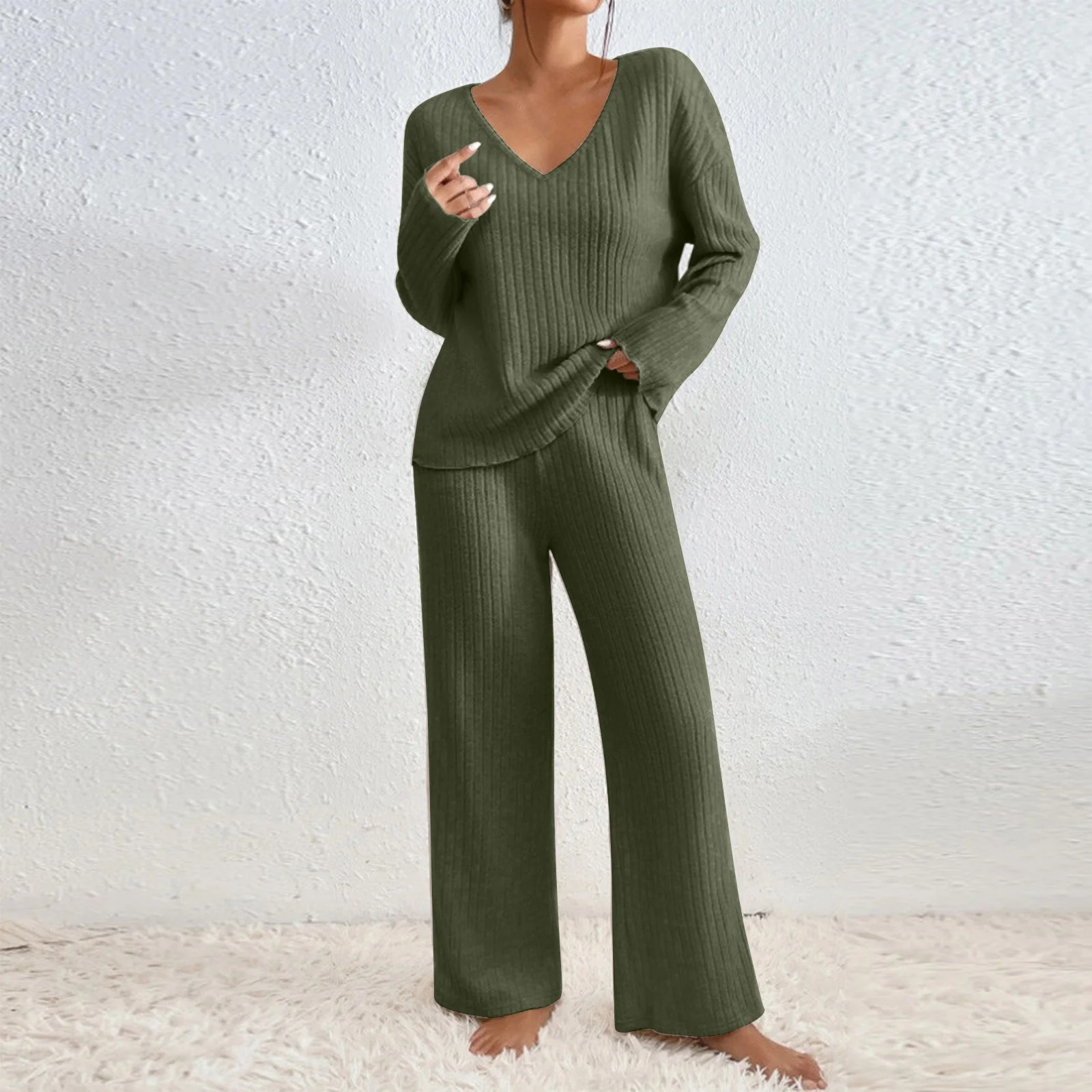 successthop Knit Lounge Sets for Women Solid Color Ribbed Knit V Neck Long Sleeve Shirts and Wide... | Walmart (US)