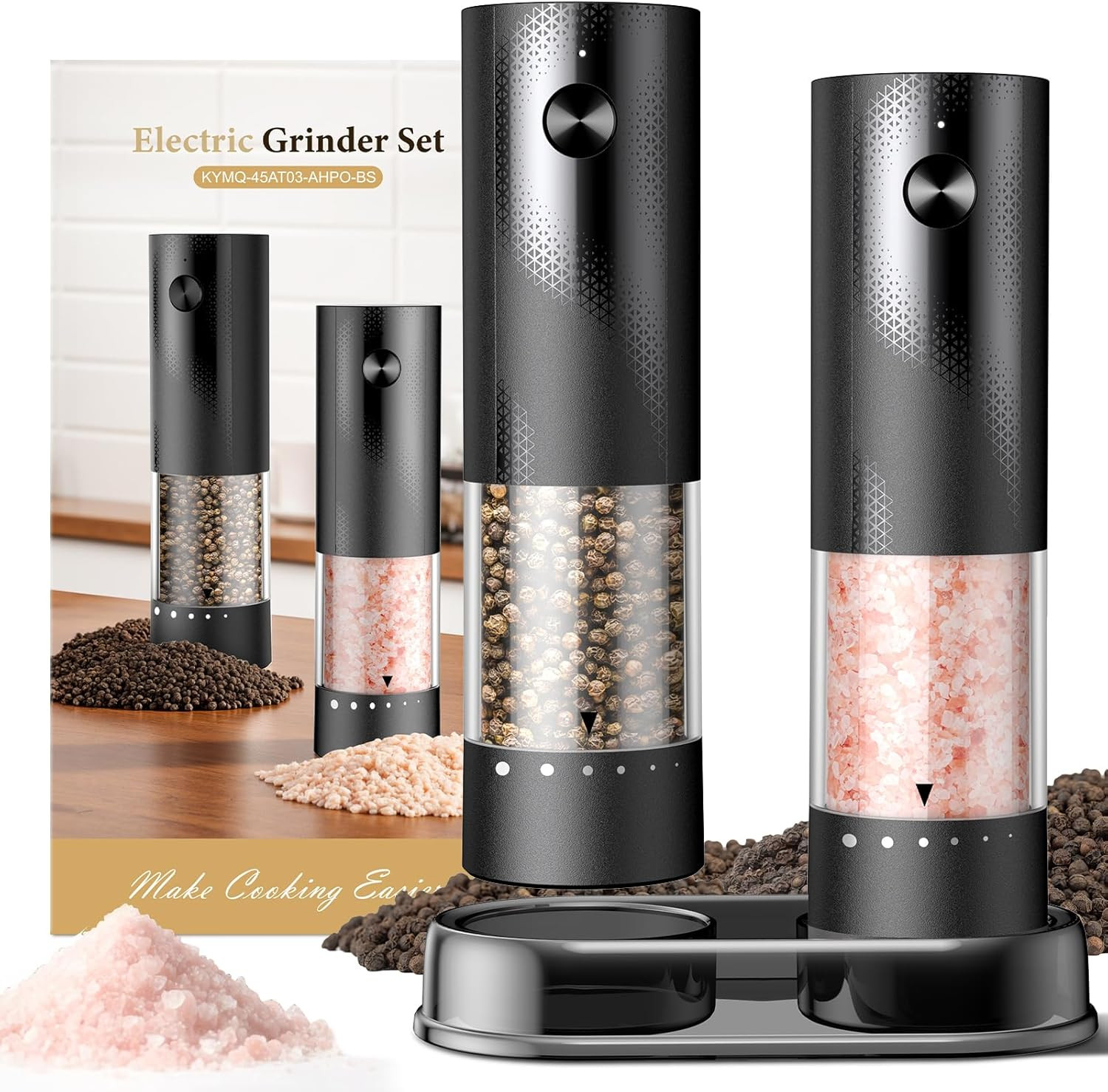 Electric Salt and Pepper Grinder Set - Rechargeable Automatic Salt and Pepper Shakers, Kitchen Appliances with External Adjustable Coarseness, Larger Hopper for Cooking, Home Gifts(2 Pack,Black/Black) | Amazon (US)