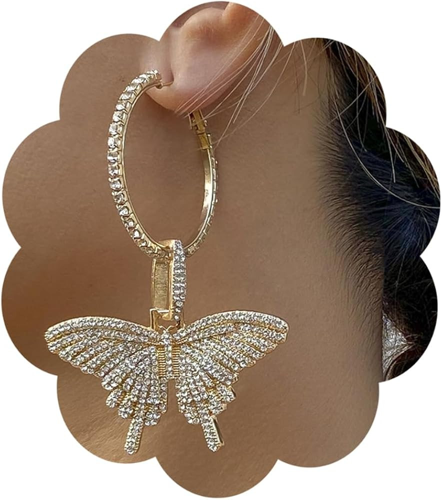 Wiwpar Large Butterfly Hoop Dangle Earrings Sparkly Rhinestone Butterfly Earrings Fashion Round C... | Amazon (US)
