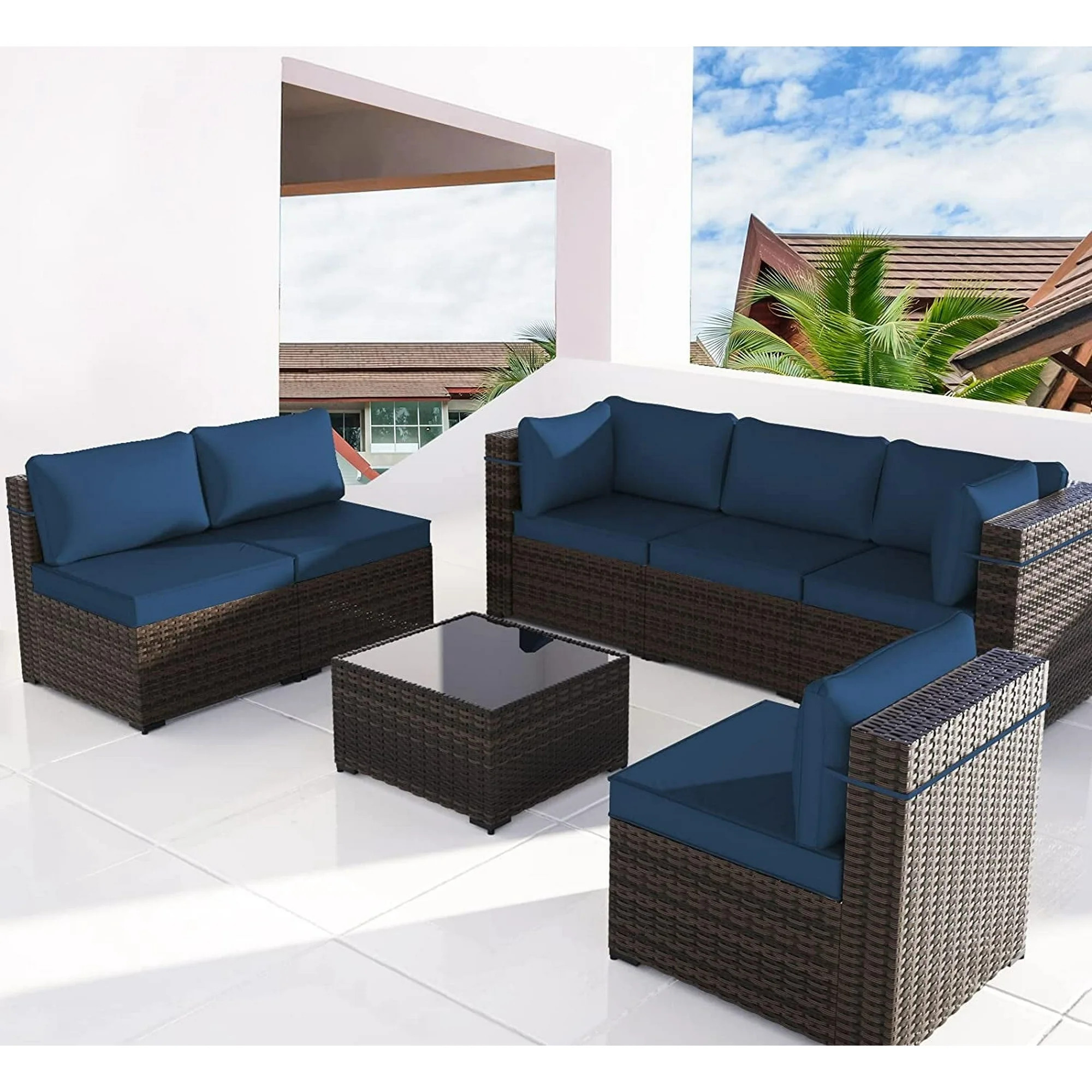 Kullavik 7 Pieces Patio Furniture Set PE Rattan Wicker Outdoor Furniture Sectional Sofa Patio Con... | Walmart (CA)