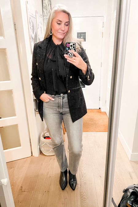 Ootd - Friday. Sparkly bouclé blazer (on sale now!) over a sheer black blouse with a bow tie paired with grey Levi’s 501 (live this wash and fit!) and black ankle boots.

Sizing details in product reviews. 



#LTKstyletip #LTKSeasonal #LTKover40
