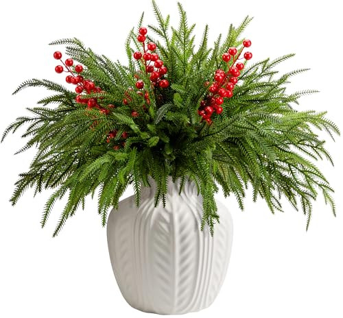 15 Pcs Christmas Norfolk Pine Branches with Red Berry Stems- 19" Extra Long Fake Greenery Norfolk Pine Stems Sprigs- Artificial Xmas Branches Plants Pine Leaves for DIY Craft Garland Home Decor | Amazon (US)