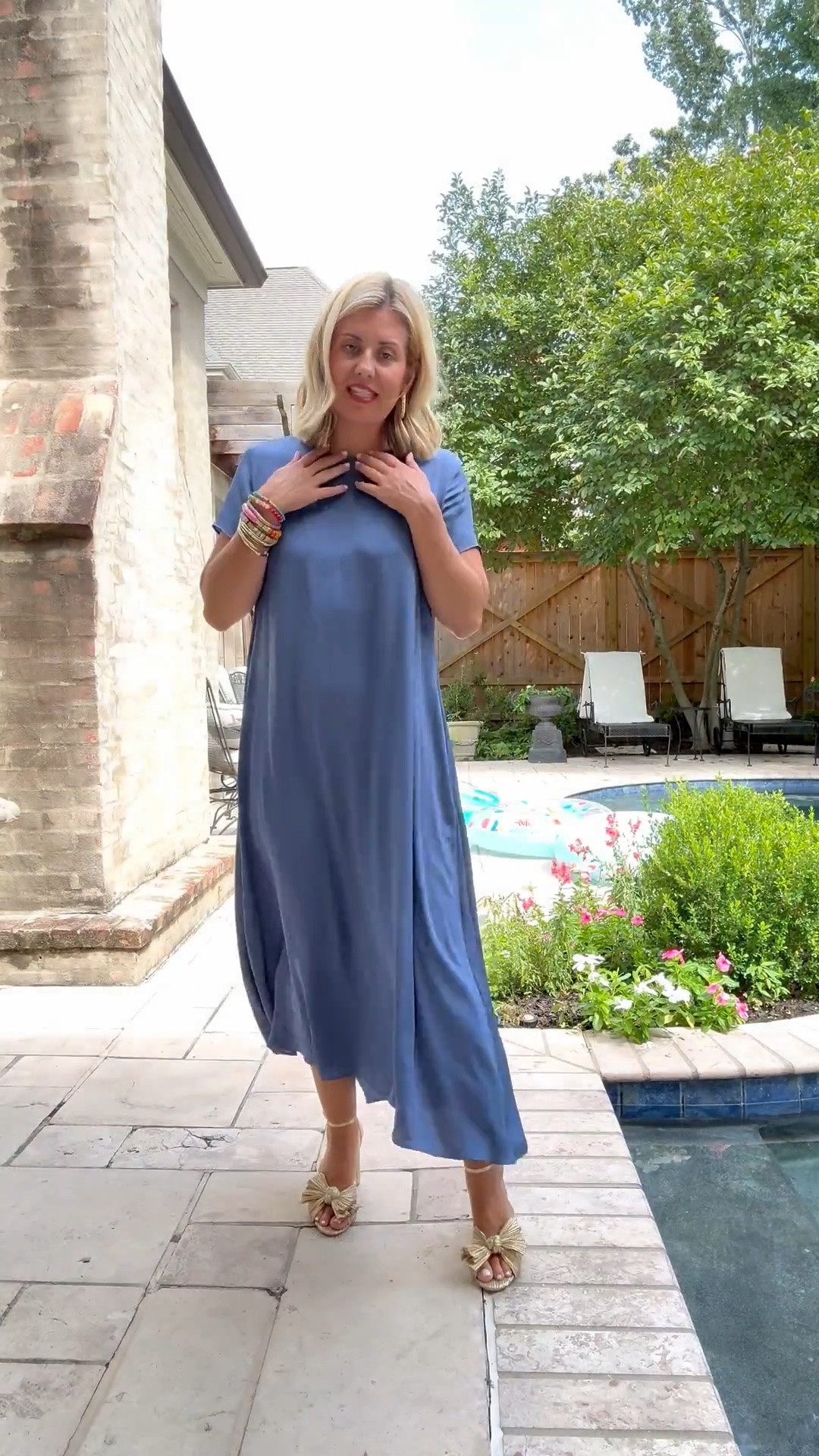 The Quince washable silk is so good! This blue color is beautiful and I love the flow. 
I’m in a small petite and 8 sandal. 

CODES: 
Allie + Bess - Catherine 20

#LTKWedding #LTKOver40 #LTKSaleAlert
