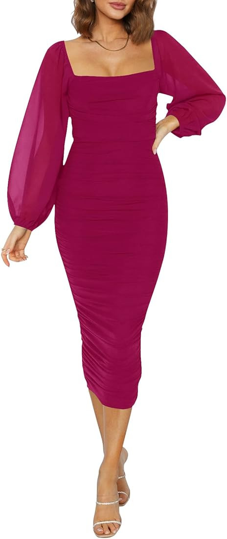 ZESICA Women's 2023 Sexy Ruched Bodycon Midi Dress Long Puff Sleeve Square Neck Backless Cocktail... | Amazon (US)