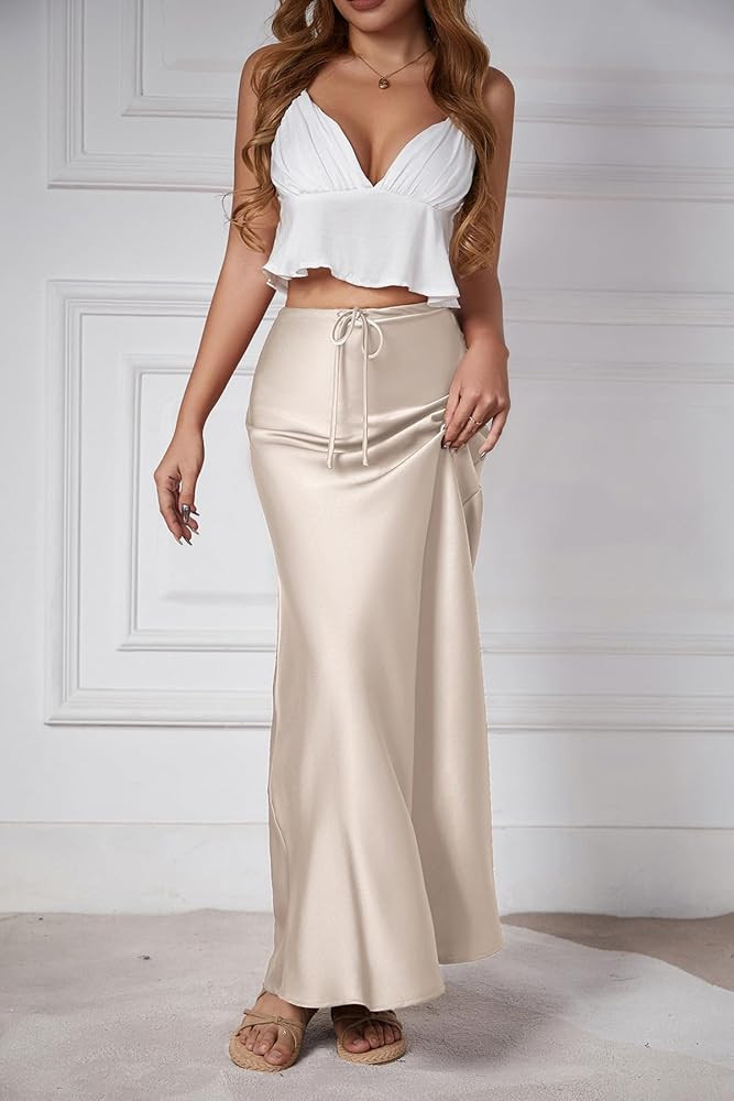 Womens Satin Silk Maxi Skirts Drawstring Flared Casual A-Line Long Skirt for Women | Amazon (US)