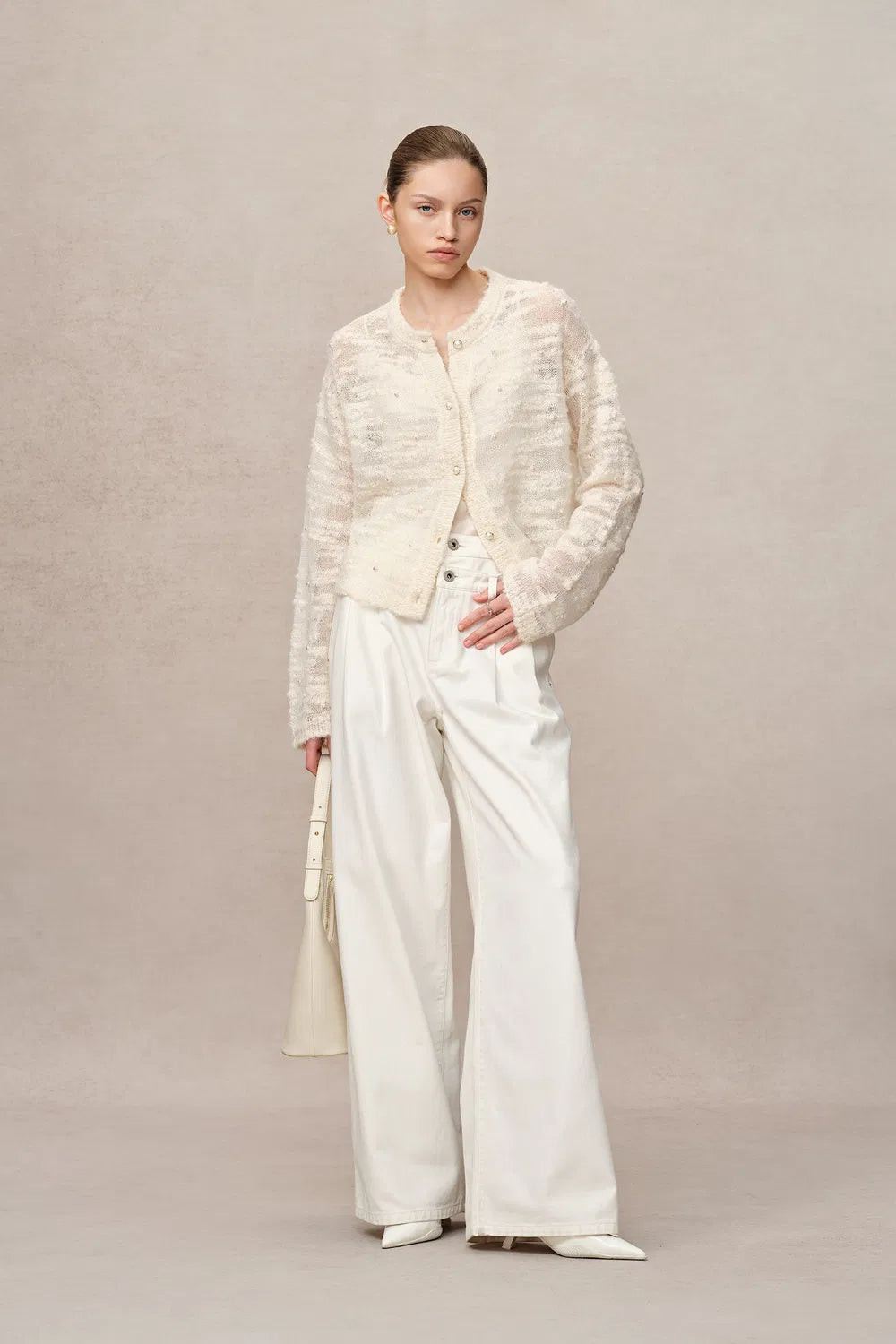 Vega Hand Swen Pearl Cardigan in Alpaca Blend Bouclé Knit | Fabrique