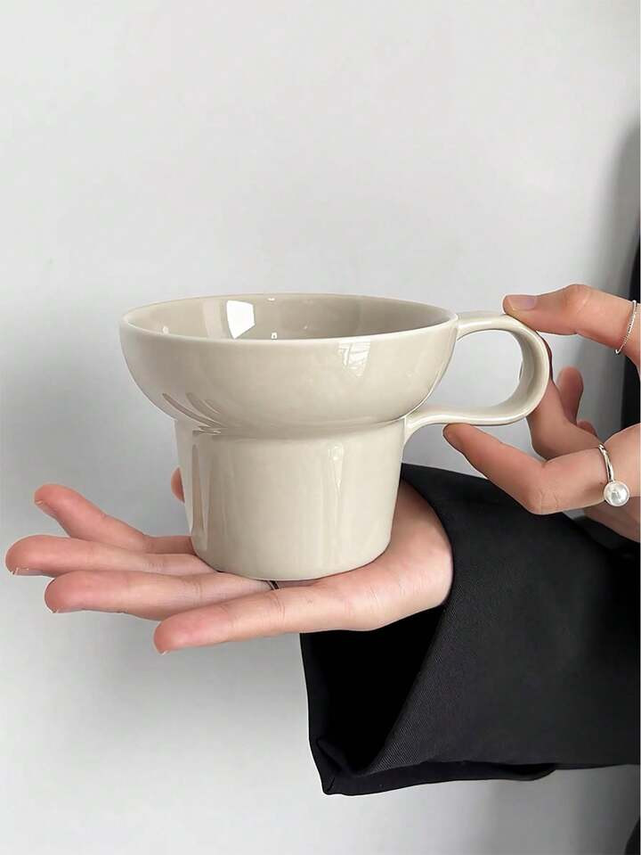 1pc Simple And Light Luxury Wide-Mouth Milk And Coffee Cup, Minimalist Design Beige Ceramic Break... | SHEIN