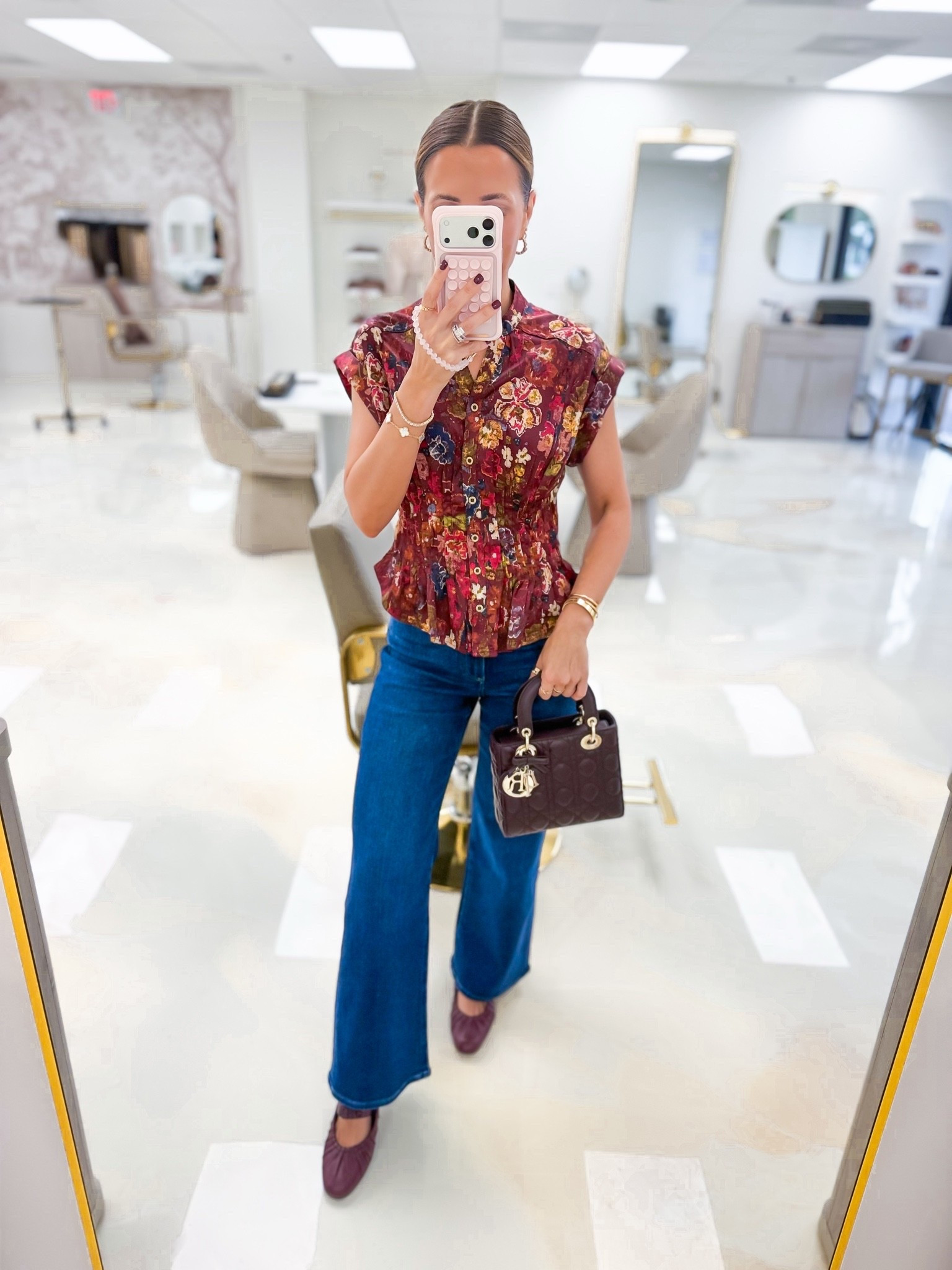 My elevated casual outfit of the day! Mom outfit. Fall style. Everyday outfit. Hair day is the best day. Fall outfit. Satin floral blouse in XXS petite. Paige Anessa wide leg jeans in 00. Burgundy flats are TTS. Fall shoes. Business casual outfit.

#LTKgrwm #LTKootd #LTKPetite #LTKgrwm #LTKootd #LTKPetite