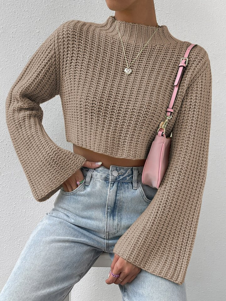 Mock Neck Trumpet Sleeve Crop Sweater | SHEIN