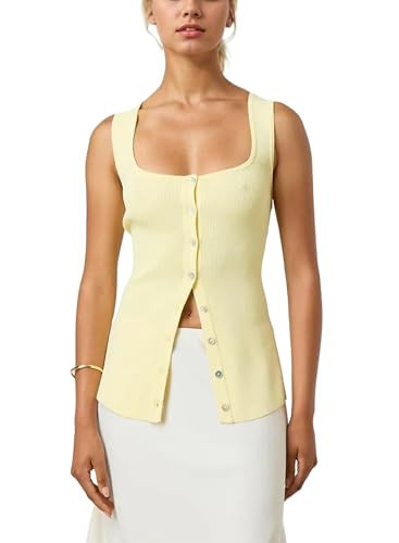AIHUKOCY Women Square Neck Button Down Knit Tank Top Button-Up U Neck Sleeveless Backless Solid Slim Sexy Sweater Vest Tops Yellow | Amazon (US)