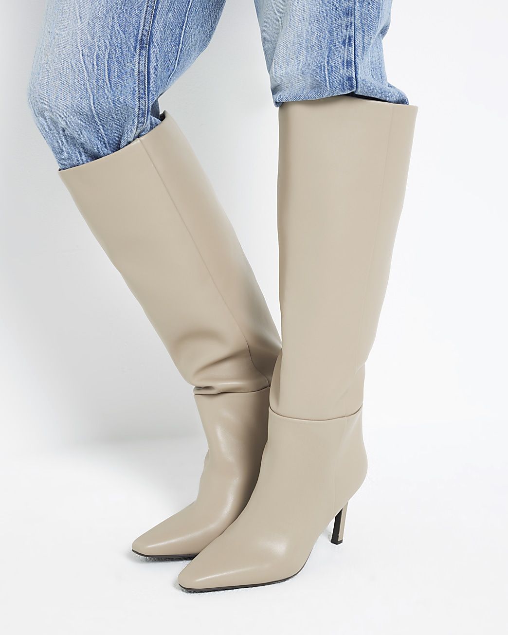 Beige heeled high leg boots | River Island (UK & IE)