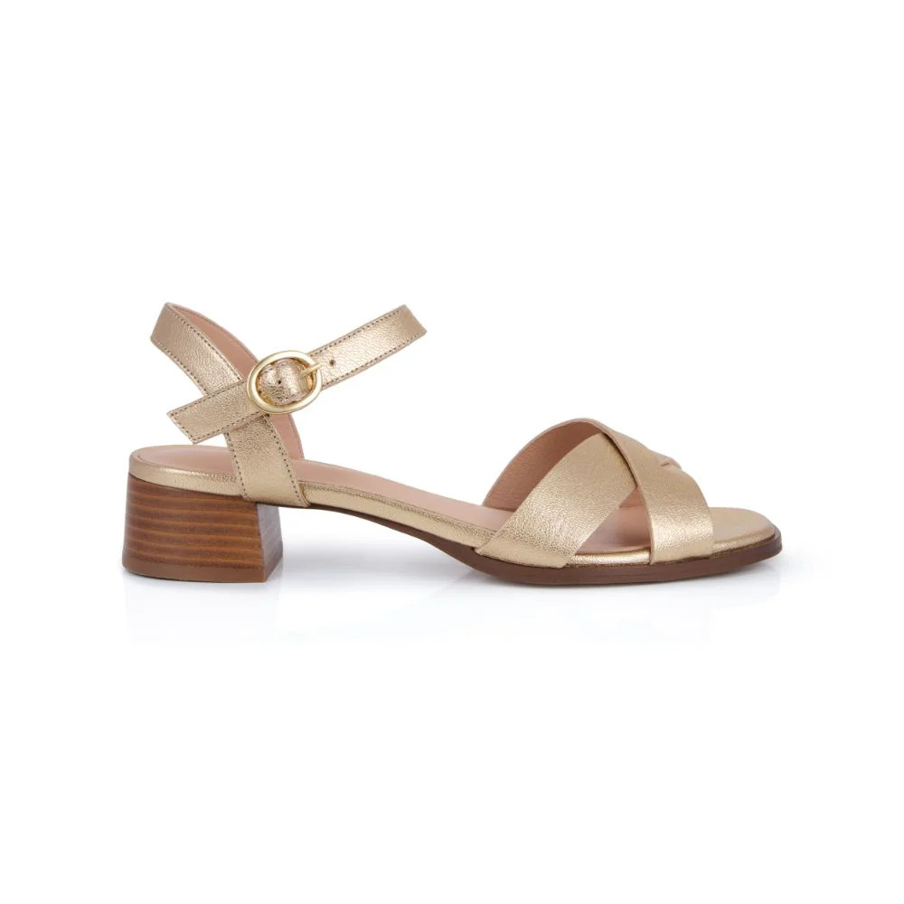 Ada: Gold Metallic Block Heeled Sandals | Air & Grace
