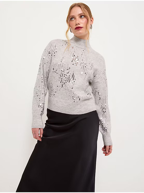 Charcoal Grey Sequin High Neck Knitted Jumper | George at ASDA