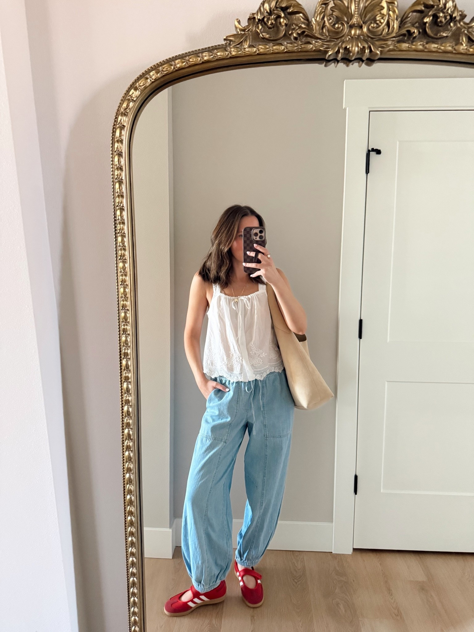 Outfit 50% off! Wearing a xs top and small pants

Summer style, toddler mom outfit, denim pull on, balloon pants, adidas samba Jane
