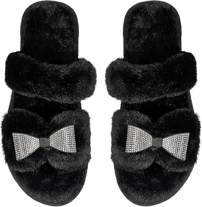 Verdusa Women's Rhinestone Bow Faux Fur Indoor Slippers Fuzzy Two Band Slipper Shoes | Amazon (US)