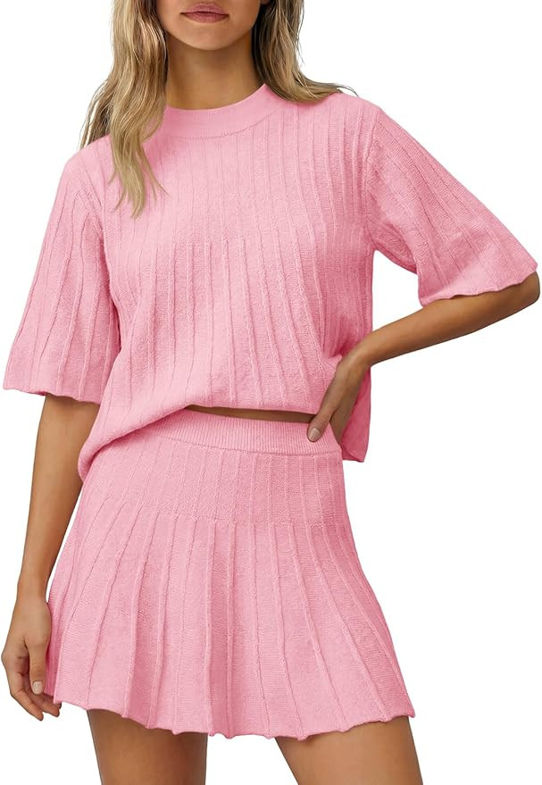 Saodimallsu Womens Sweater Sets 2 Piece Outfits Summer Half Sleeve Ribbed Knit Top and Pleated Sk... | Amazon (US)