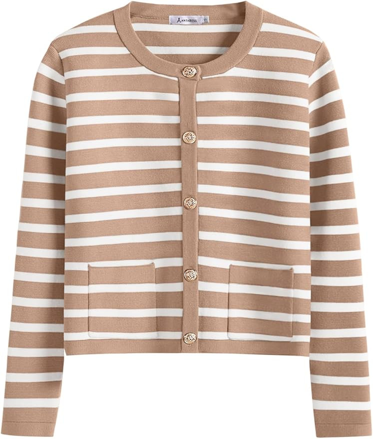 ANRABESS Women Striped Cardigan Sweaters Button Down Cropped Knit Lady Jackets Coat 2025 Fall Out... | Amazon (US)