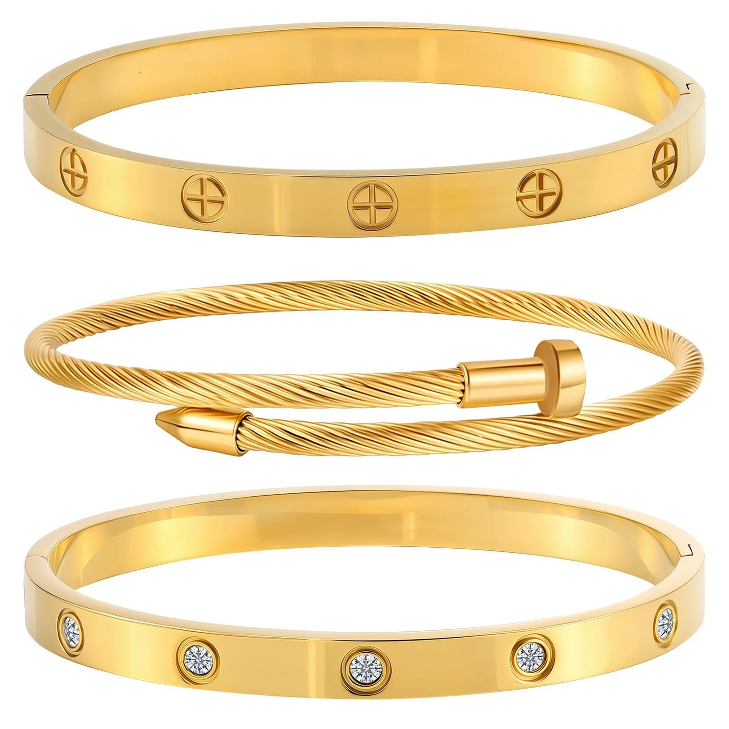 3 Pcs Gold Plated Stainless Steel Bracelets for Women, Stackable Hypoallergenic Bangles Jewelry w... | Walmart (US)