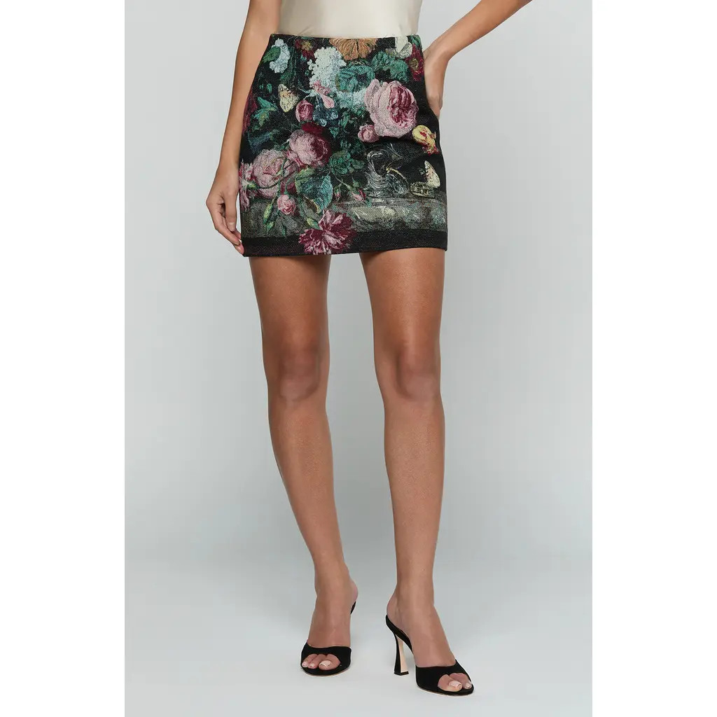 L'AGENCE Marseille Floral Tapestry Cotton Blend Miniskirt in Black Multi Rose Vase Tapestry at Nordstrom, Size 0 | Nordstrom