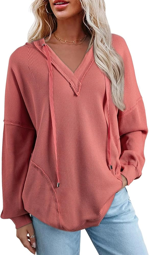 AlvaQ Women Oversized Hoodies Casual Long Sleeve V Neck Drawstring Hooded Sweatshirts Waffle Knit... | Amazon (US)
