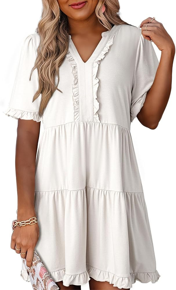 Dokotoo Womens Summer Dresses V Neck Short Sleeve Casual Empire Waist Flowy Babydoll Mini Dress | Amazon (US)