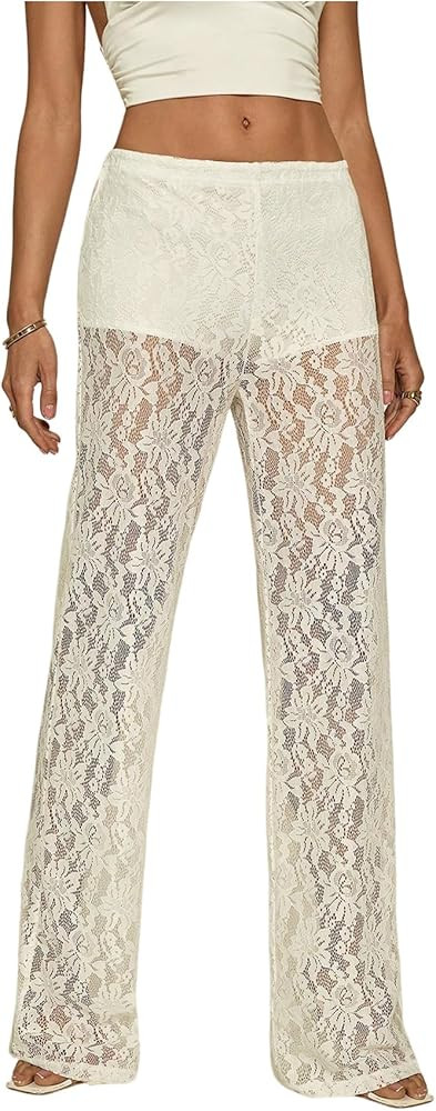 Women's Y2K Floral Lace See Through Pants Sheer Straight Leg Long Pants Club Wear | Amazon (US)