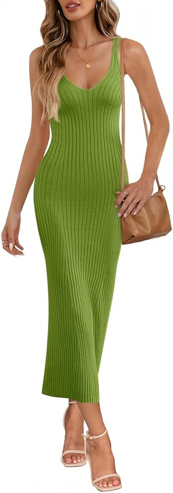 MEROKEETY Womens Summer Spring Midi Dress 2026 Beach Vacation Bodycon V Neck Casual Sleeveless Ri... | Amazon (US)