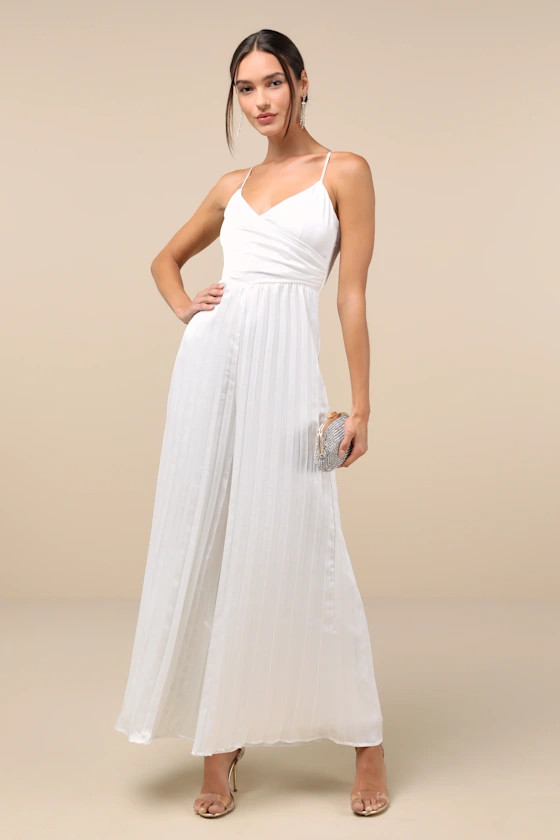 Memorably Sophisticated White Satin Pleated Backless Jumpsuit | Lulus