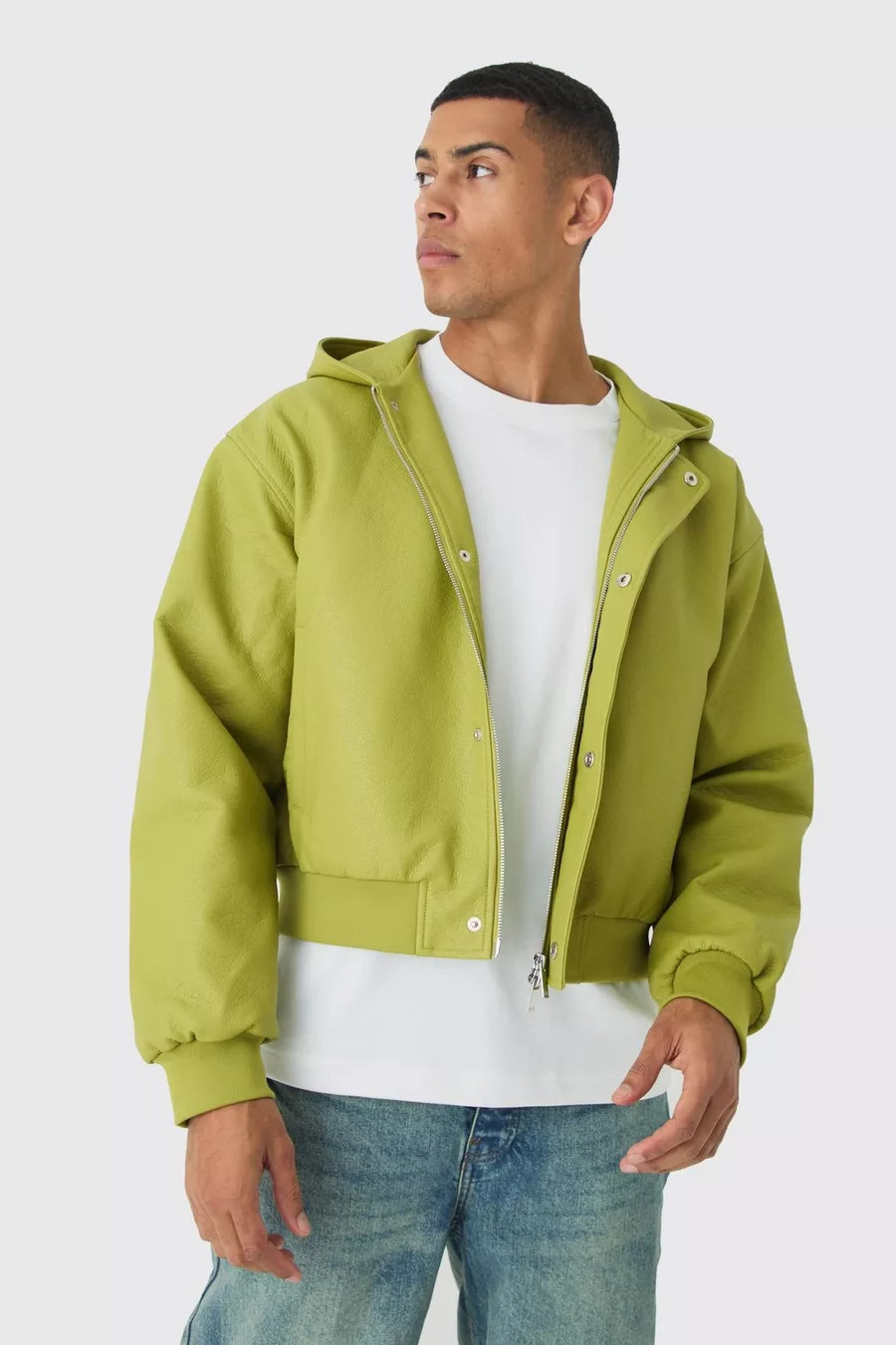 Boxy Hooded Pu Bomber Jacket In Lime | boohoo (US & Canada)