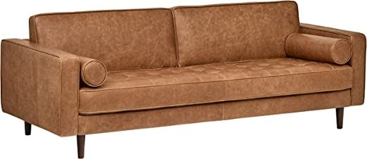 Amazon Brand – Rivet Aiden Mid-Century Modern Leather Sofa Couch, 86.6"W, Cognac | Amazon (US)