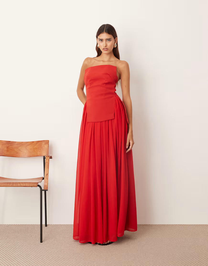 ARRANGE structured bandeau maxi dress with voluminous skirt in red | ASOS (Global)