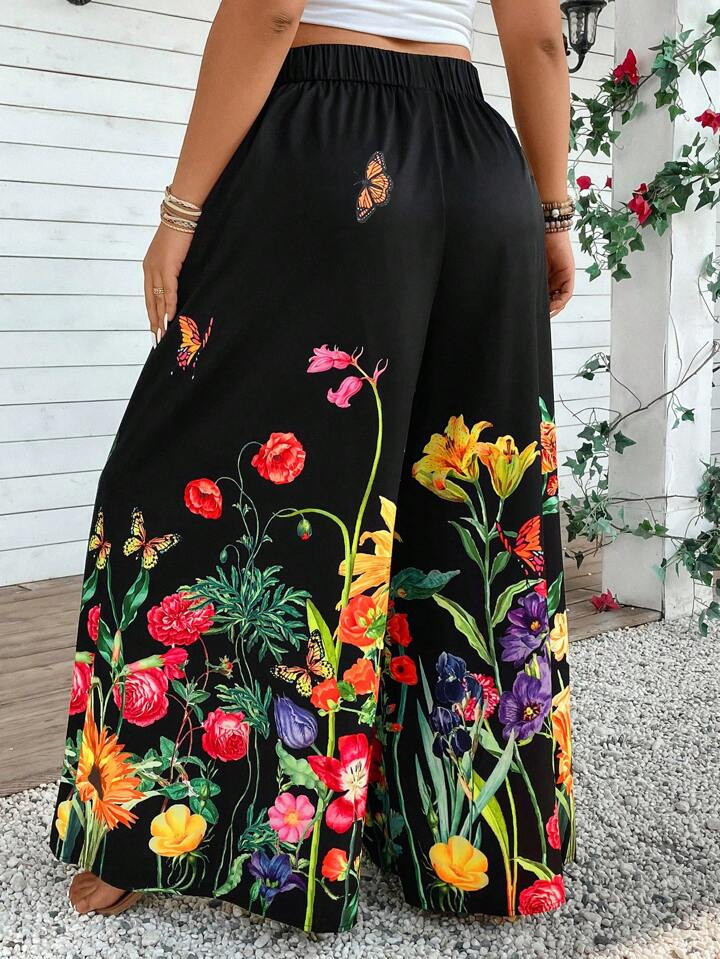 SHEIN CURVE+ Plus Size Women's Vacation Floral Print High Waist Wide Leg Pants, Summer, Beach Res... | SHEIN