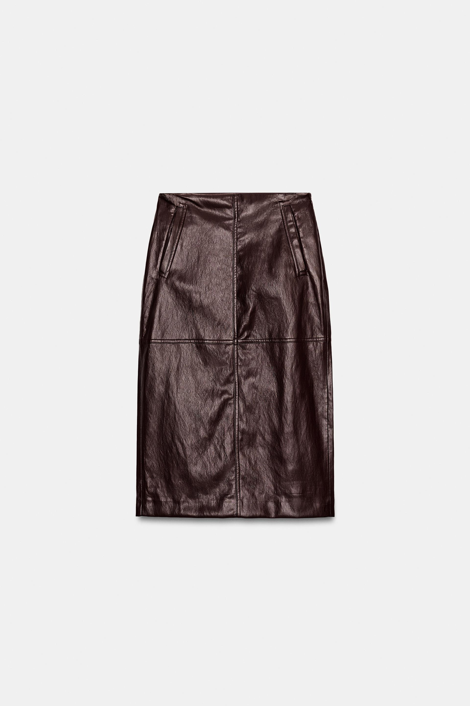 Zara - Midi Leather Effect Skirt - Burgundy - Xs - Woman | Zara UK