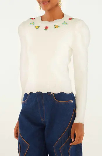 FARM Rio Flower Embroidered Sweater in Off-White at Nordstrom Rack, Size Medium | Nordstrom Rack