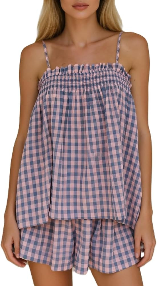 Meiweileya Women Gingham Pajama Set Y2k Sleeveless Babydoll Tank Top and Wide Leg Shorts 2 Piece ... | Amazon (US)