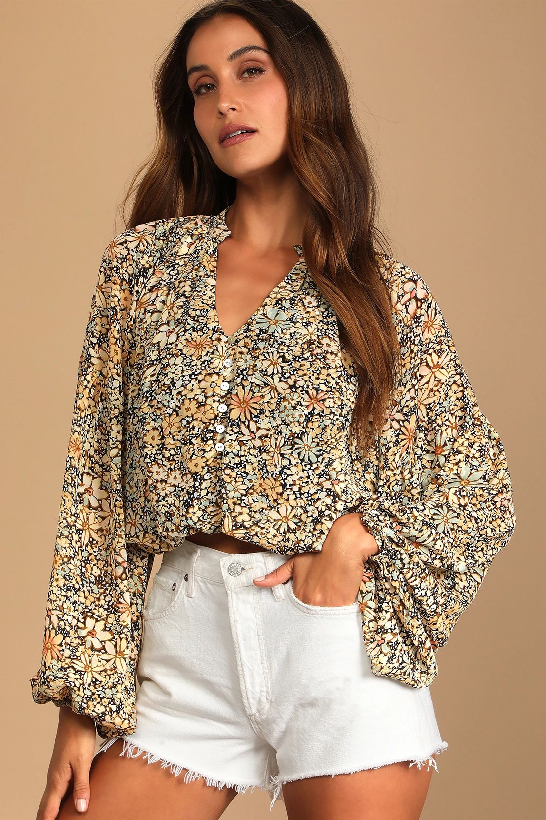 Season of Blooms Cream Multi Floral Print Balloon Sleeve Top | Lulus (US)