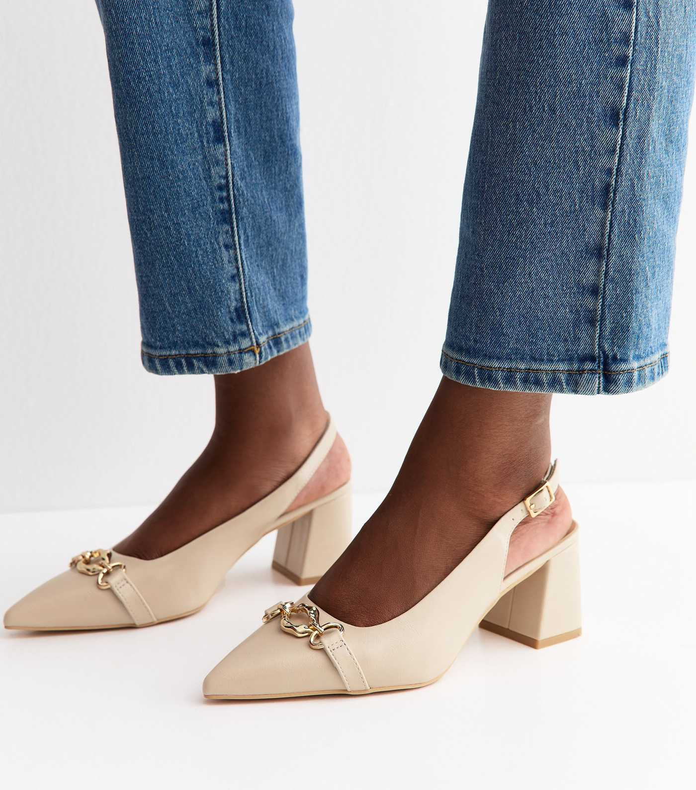 Off White Faux Leather Chain Slingback Block Heels | New Look | New Look (UK)