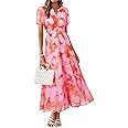 Simplee Women Floral Summer Maxi Dress Boho Flowy Casual Chiffon Short Sleeves V Neck Long Weddin... | Amazon (US)