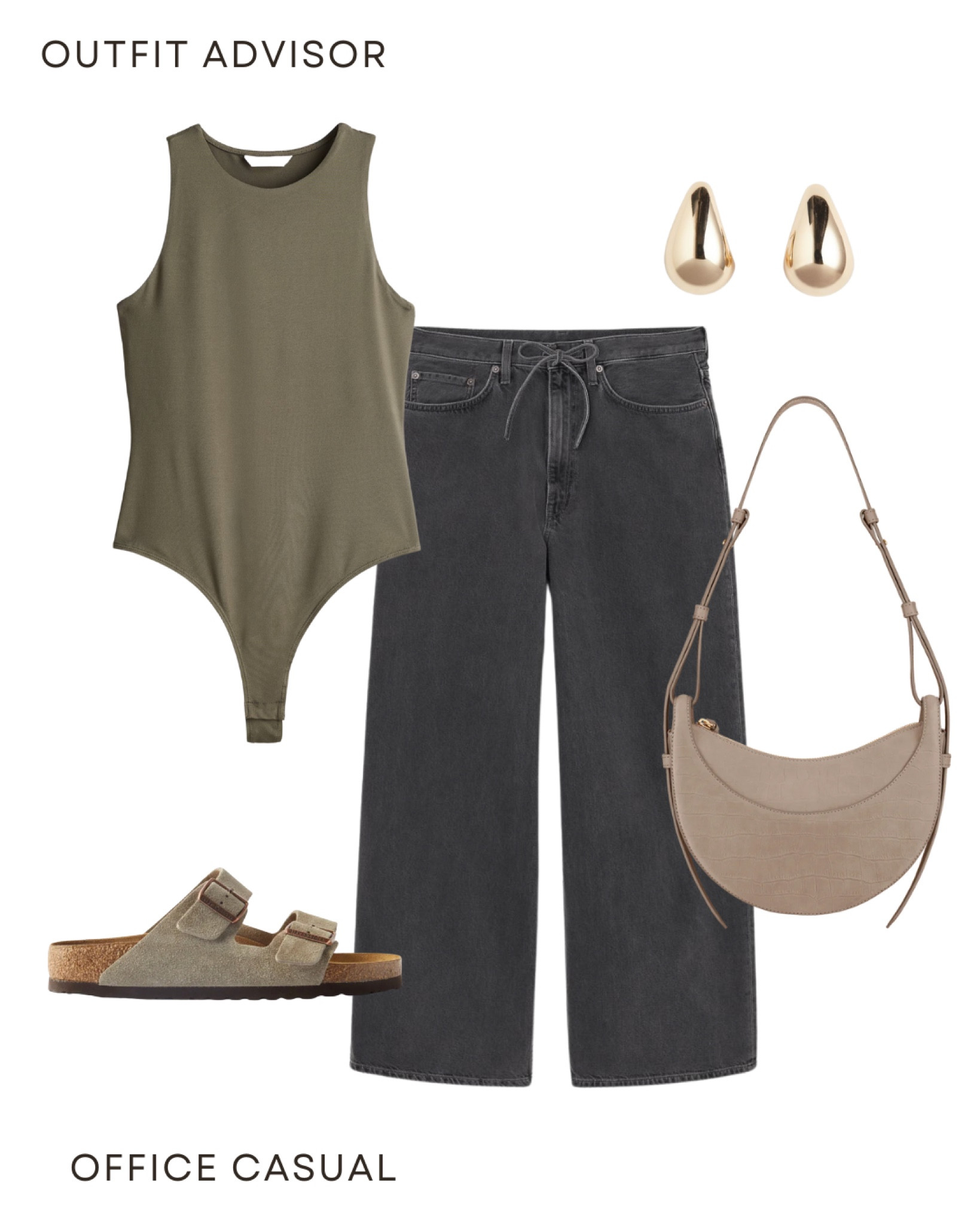 Casual summer outfit inspo: an olive green bodysuit, black baggy jeans, birkenstocks, gold earrings and a crossbody bag (from Polene)

#LTKeurope #LTKstyletip #LTKsummer
