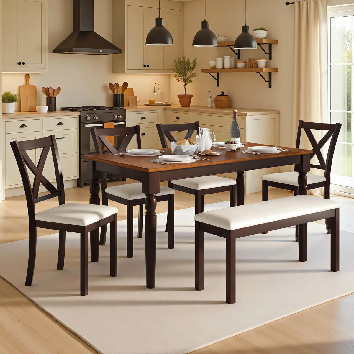 Deral 6-Piece Farmhouse Solid Wood Dining Table Set With Bench, Dark Brown & Black | Wayfair North America