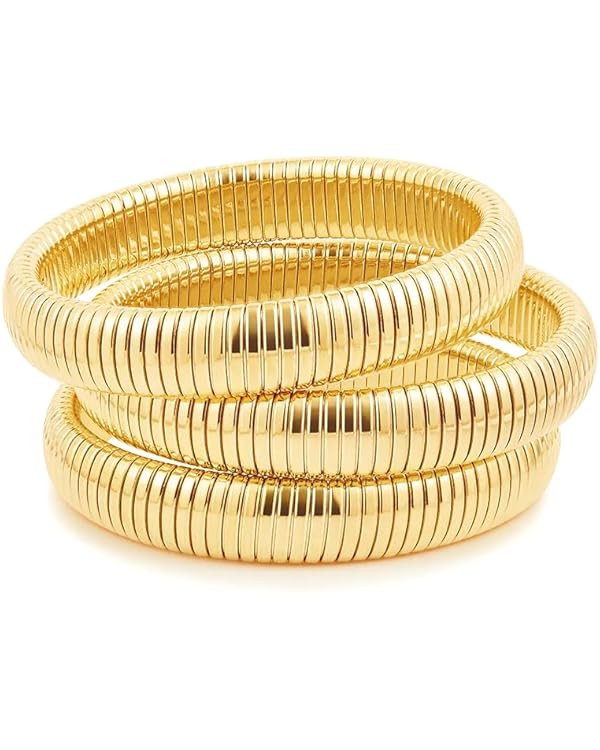 CONRAN KREMIX Gold Chunky Bangle Stretch Bracelets Set For Women 14K Real Gold Filled Stainless S... | Amazon (US)