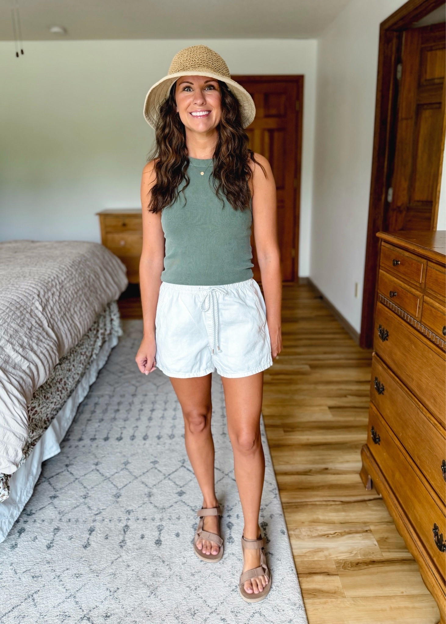 wearing xs in these white cotton/linen blend shorts. Loose and comfy and cute🤍🙌🏽 (they also come in a blue denim)
green tank is size small (I own like 6 colors), Teva sandals are size 6. Love this cute sun hat (rolls up and packs so nice too)
Small in my bra

#LTKgrwm #LTKPetite #LTKootd