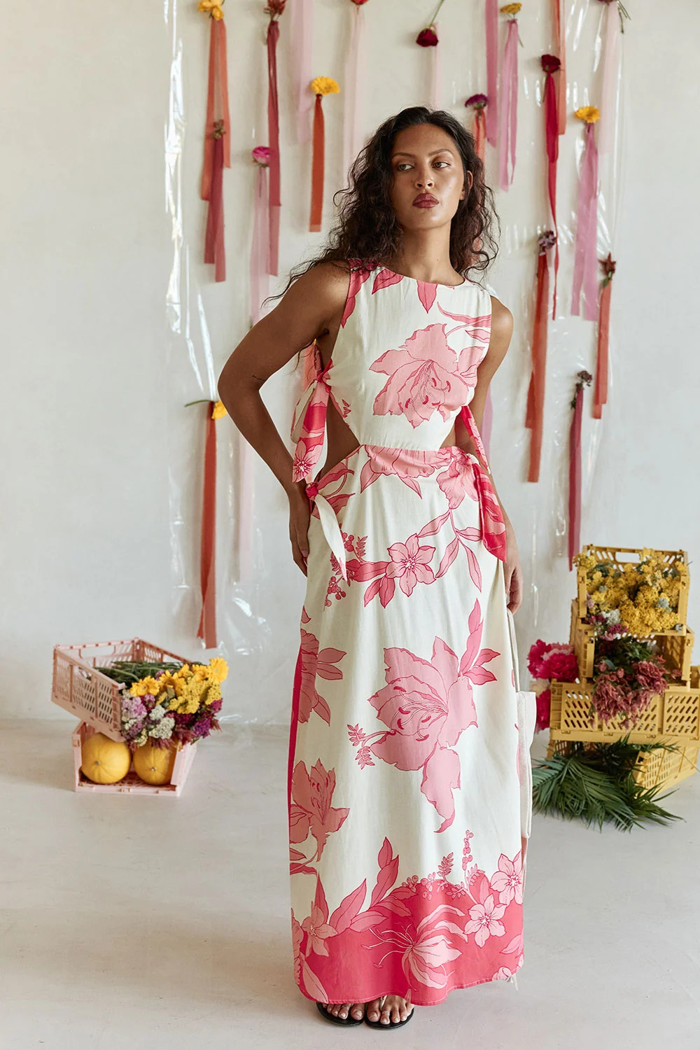 Pink Flora Sunset Print Bow Maxi Milako Dress | Sabo Skirt US