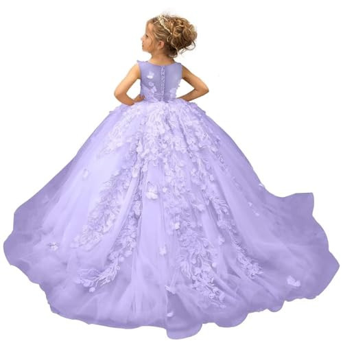 Ibpdea Floral Applique Flower Girl Dresses Puffy Tulle Princess Pageant Dress Round Neck Ball Gown Lilac Size 10 | Amazon (US)
