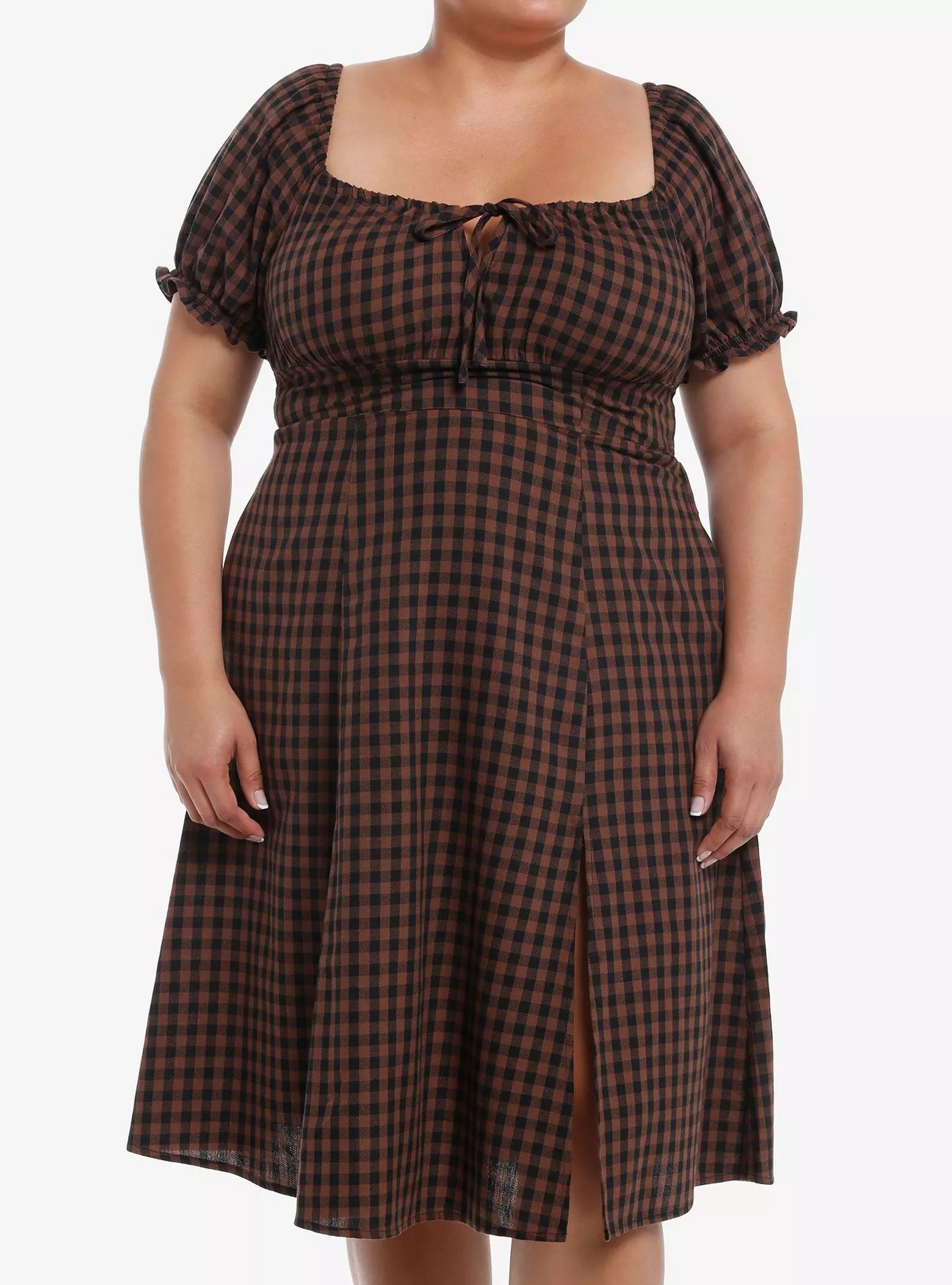 Thorn & Fable Brown & Black Checkered Empire Waist Midi Dress Plus Size | Hot Topic