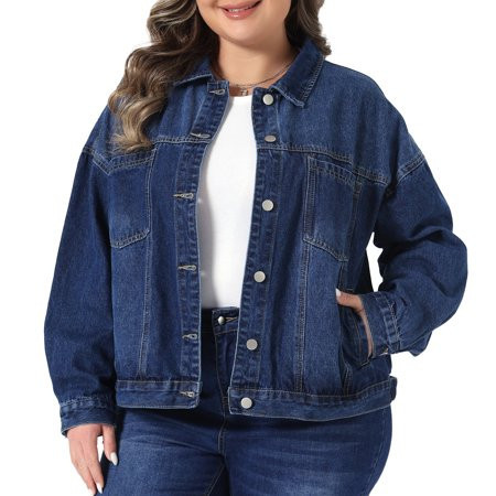 DARING DIVA Women s Plus Denim Long Sleeve Button Washed Jacket 1X Dark Blue | Walmart (US)