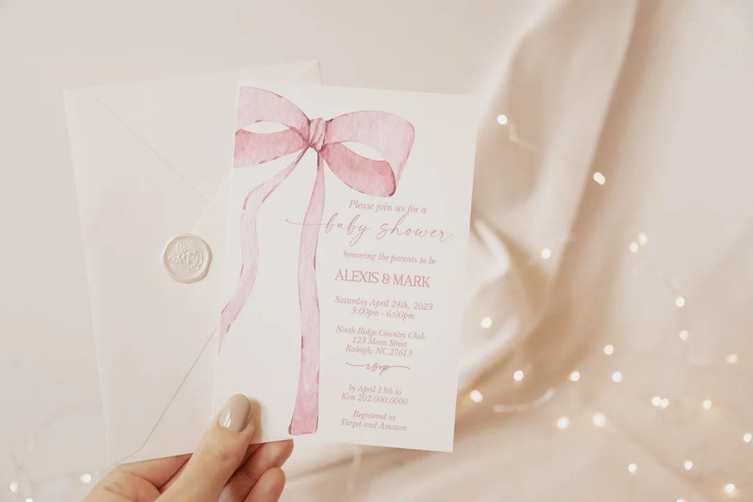 EDITABLE Pink Bow Invitation for Baby Shower, Minimalist Baby Shower Pink Watercolor Ribbon Blush... | Etsy (US)
