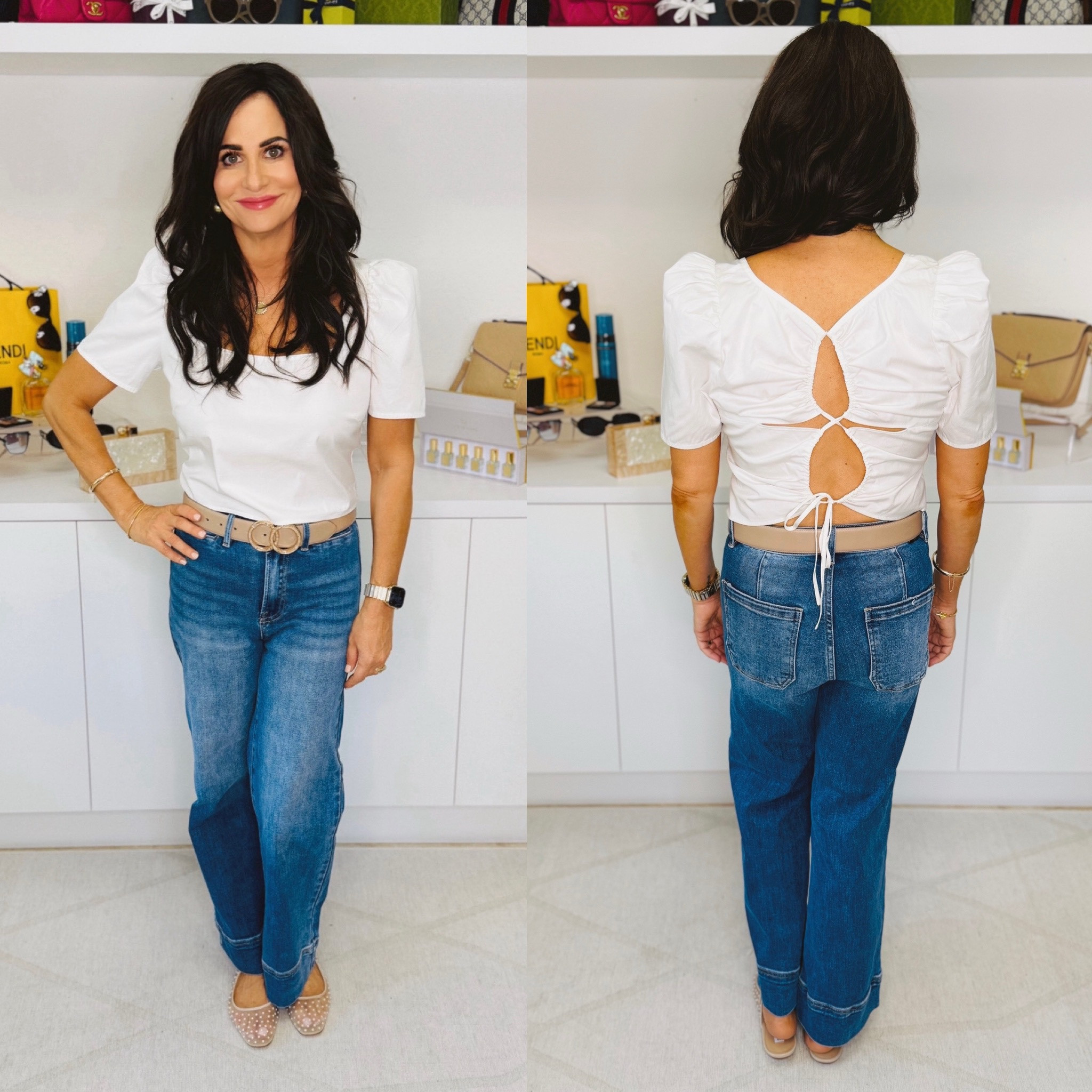 Love this cute top ! Wearing a medium . Jeans 25 , slides 7.5 